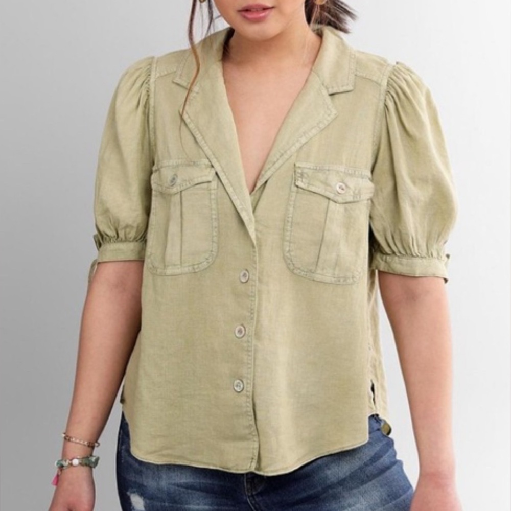 Free People Olive Green Utility Puff Sleeve Button Front Blouse